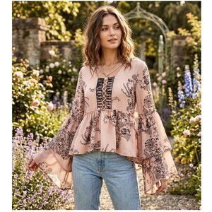 Sun & Shadow Boho Lace-Up Peplum Top, Blush Pink, Womens Size XXS